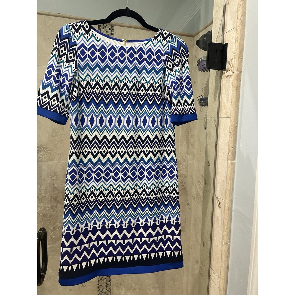 Eliza J Womens Blue Chevron Geometric Striped Shift Dress 2P Jersey Half Sleeve